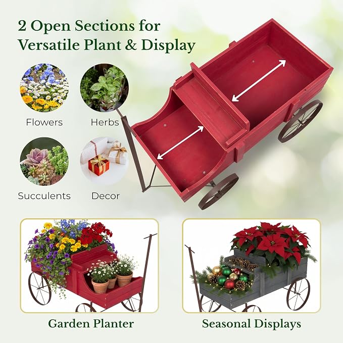Shine Company Decorative Wagon Garden Planter, Wooden Wagon Yard Décor for Outdoor Plants, Large, Red