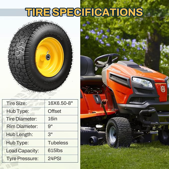 16x6.50-8 Tubeless Tire and Wheel, 16x6.5-8 Lawn Mower Tires, 3"-4.5" Offset Hub, 3/4" or 5/8" Bearing, Fit Riding Mower and Garden Tractor Front Wheels, 4 Ply, V-Turf Pattern, 2 Pack