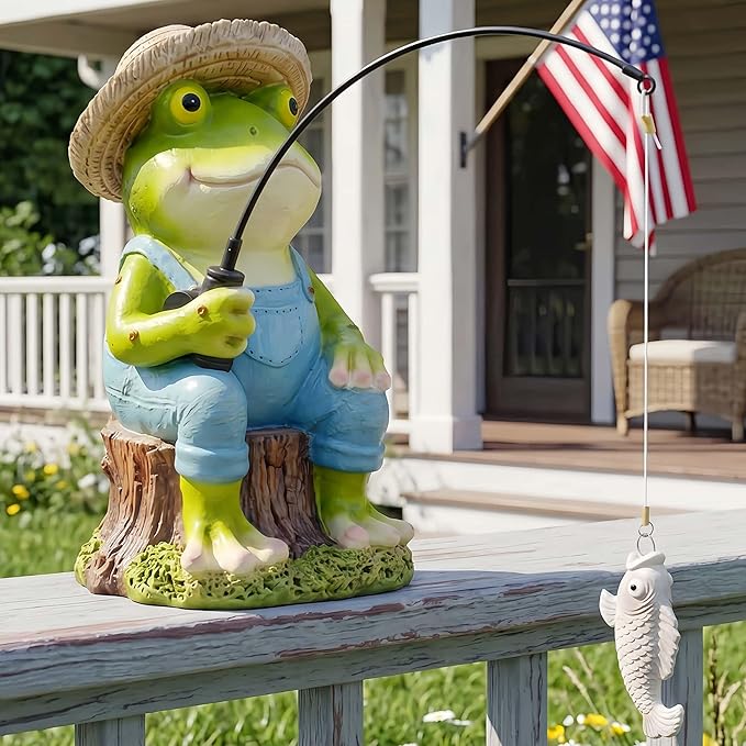 Frog Fisherboy Statue | Outdoor Garden Decor, Resin Animal Statue, Pond Ornaments, Poolside Garden Decor, Koi Fish Pond, Unique Fisherman Gifts