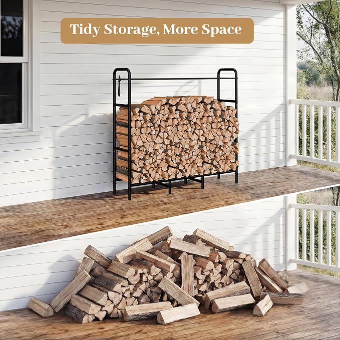 Firewood Rack 4FT Heavy Duty Metal, Outdoor Indoor Log Holder Stand for Fireplace Wood Storage, Wood Pile Stacker Organizer for Patio, Black