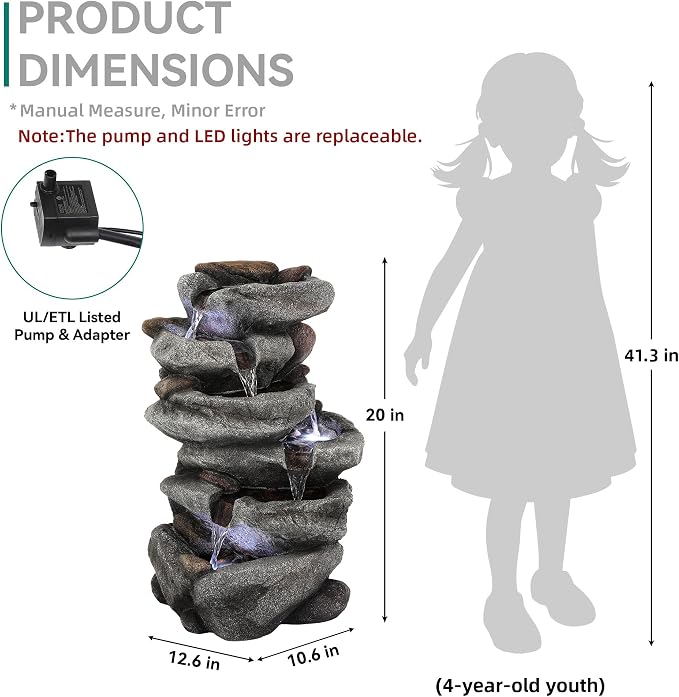 20" H Outdoor Water Fountain with LED Lights, 5-Tier Rock Outdoor Fountain with Pump,Polyresin Cascading Freestanding Waterfall Feature for Tranquil Garden, Patio or Porch