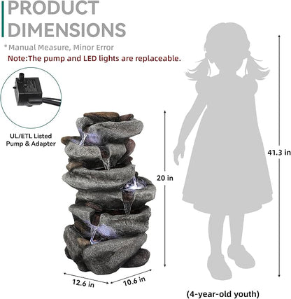 20" H Outdoor Water Fountain with LED Lights, 5-Tier Rock Outdoor Fountain with Pump,Polyresin Cascading Freestanding Waterfall Feature for Tranquil Garden, Patio or Porch