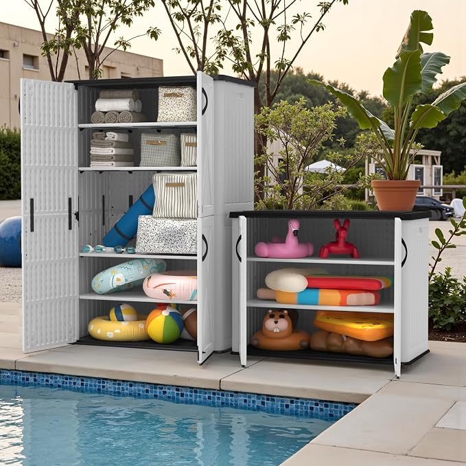 Devoko 26 Cu Ft Resin Outdoor Storage Cabinet, White | Horizontal Plastic Storage Shed with Lockable Door, Water-Resistant Backyard Storage Box for Garden Patio, Shelf Not Included