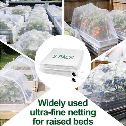 2 Pack Garden Netting for 8x4FT Raised Beds, Ultra-Fine Mesh Plant Covers with Drawstring, Bird, Pest & Small Animal Barrier for Vegetables, Fruits & Flowers