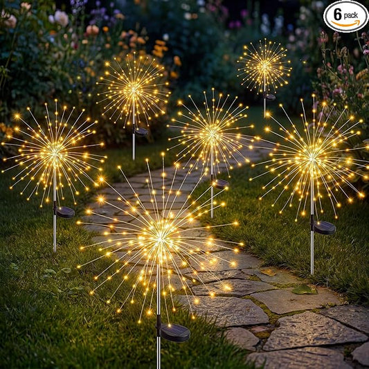 Solar Firework Lights, 6 Pack 120 LEDs 8 Lighting Modes Solar Fairy Garden Lights Outdoor Waterproof for Yard Patio Walkway Pathway Party Wedding Balcony Decorative- Warm White