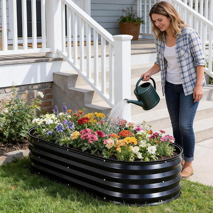 Galvanized Raised Garden Bed Outdoor, 2Pcs 4x2x1ft Oval Planter Box with Rubber Strip,Metal Raised Bed Kit for Vegetables Flowers Herbs, Grey