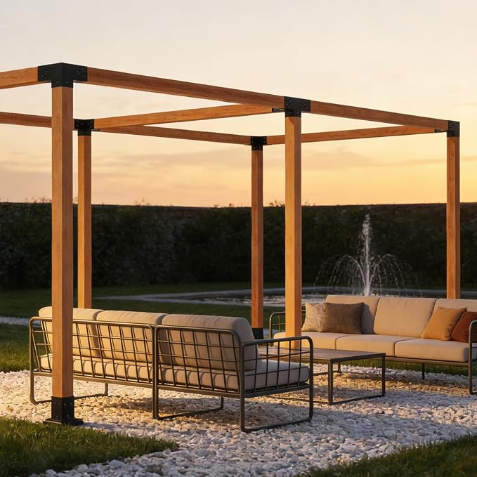 Pergola Kit with 3-Way Brackets & 4-Way Corner Brackets for 4"x 4" (Actual 3.6" X 3.6") Lumber, Heavy Duty Iron Gazebo Bracket Kits Suitable for Pergolas, Gazebos Includes Metal Base, Screws