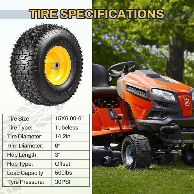 15x6.00-6 Lawn Mower Tire and Wheel, Replacement for John Deere Craftsman Husqvarna Riding Mowers, 4 Ply Tubeless Lawn Mower Tires 15x6x6, 500lbs Capacity, 3" Offset Hub, 3/4" Bushing, 2 Pack