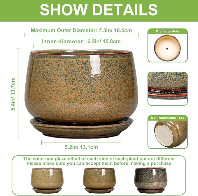 G EPGardening 7 Inch Ceramic Pots for Plants - Ceramic Planters for Indoor Outdoor Plants, Round Plant Pots with Drainage and Saucer, Modern Planter, House Decor, Plant Lover Gifts, Speckled Brown