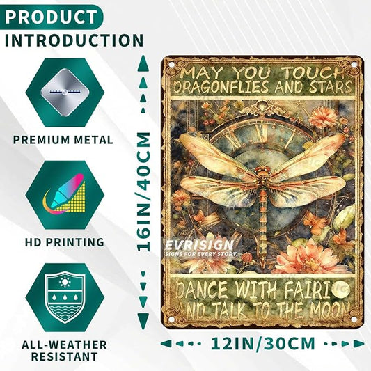 Dragonfly Vintage Metal Tin Sign May You Touch Dragonflies And Stars Dance With Fairies And Talk To The Moon For Dragonfly Lovers Fantasy Decor Home Bedroom Living Room Wall Art 12x16inch