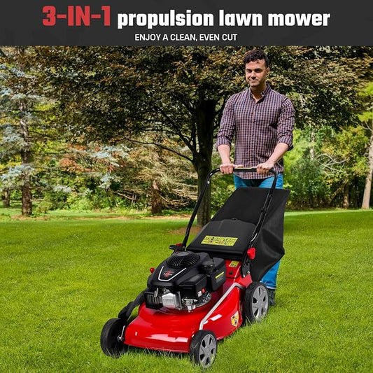 131cc Foldable Gas Lawn Mower, Self-Propelled Rear-Wheel Drive, 18 Inch Cutting Width, 50L Grass Bag, 3-in-1 Mulching/Side Discharge/Rear-Bagging, Lightweight Push-Button Start Mower
