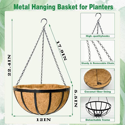 4 Pack 12 Inch Hanging Planters for Outdoor Plants Metal Hanging Planter Basket with Coco Coir Liner Round Plant Black Flat Iron Metal Flower Pots for Deck Patio Porch Garden Balcony