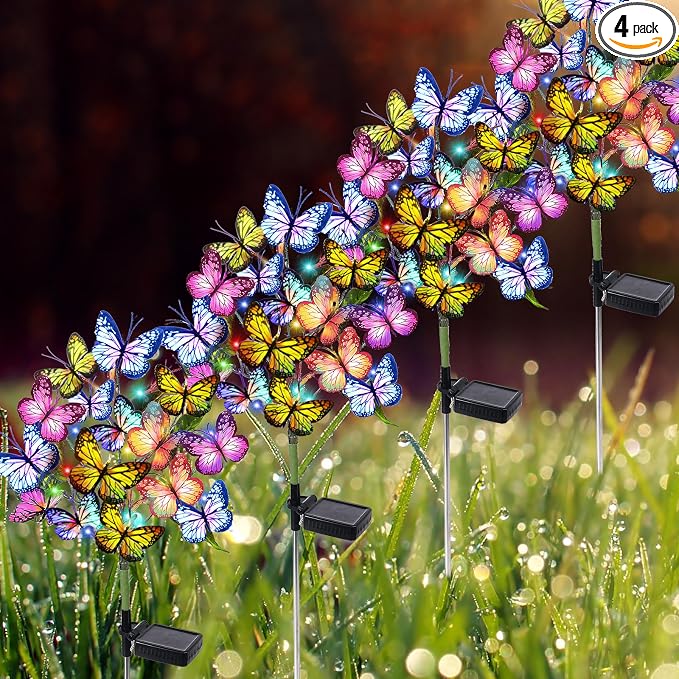 Adecorty Solar Garden Lights Solar Lights Outdoor Waterproof Decorative 4 Pack with 88 LED 68 Butterfly Solar Lights for Garden Yard Decor Christmas Decorations, Gifts for Mother's Day Mom