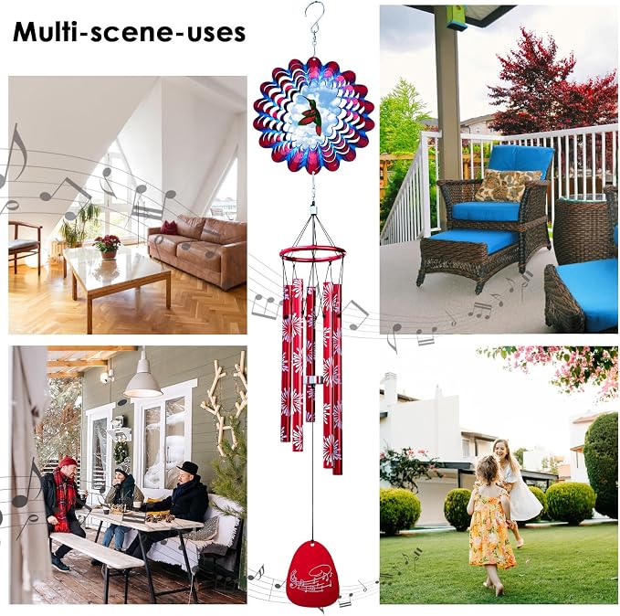 Wind Chimes for Outside, Wind Chime with Animated Hummingbird Spinner, 33" Memorial Windchimes Outdoor - Rustproof, Soothing Melody, Ideal for Garden Decoration Yard Decor Gift for Men Women