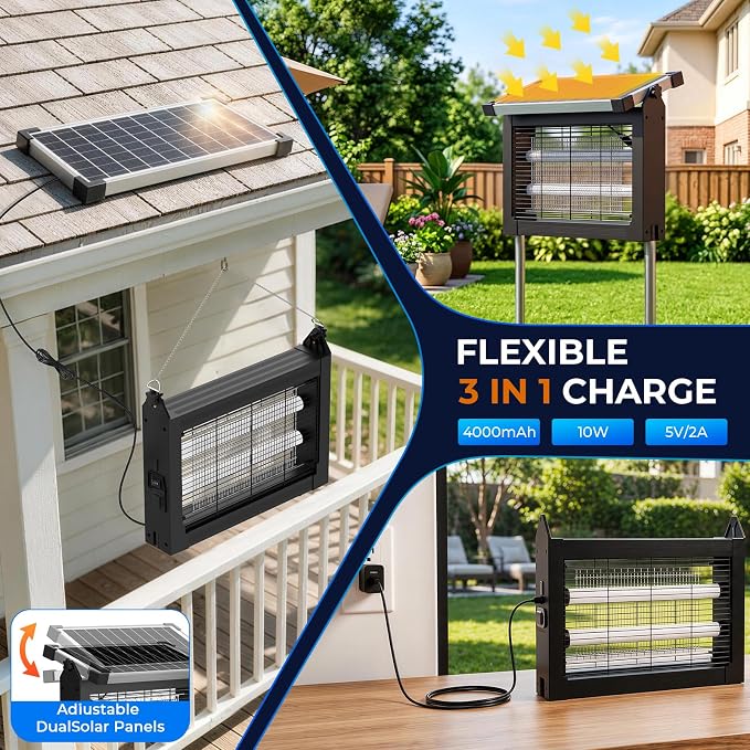 Solar Bug Zapper Outdoor, Jinyeda 4500V Mosquito Zapper with Projector Light, 4000mAh USB & Solar Powered Electric Mosquito Killer, Cordless Fly Insect Zapper Waterproof for Patio Garden Backyard