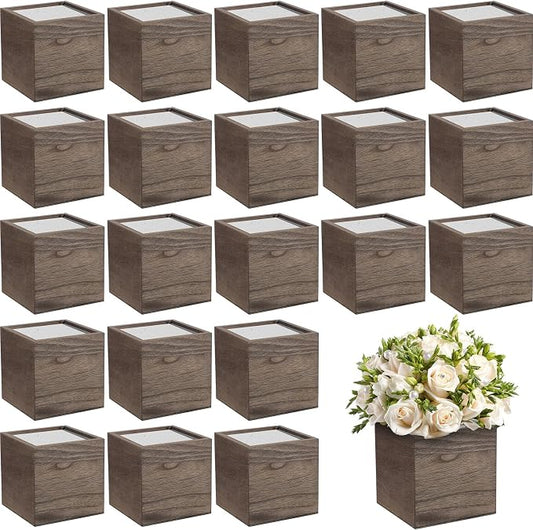 Suzile 24 Set Wooden Planter Box Square Wood Flower 4 Rustic Cube Planter Box with Removable Foam Blocks Liner Brown Square Vase for Home Centerpiece Garden Craft Wedding Farmhouse Decor