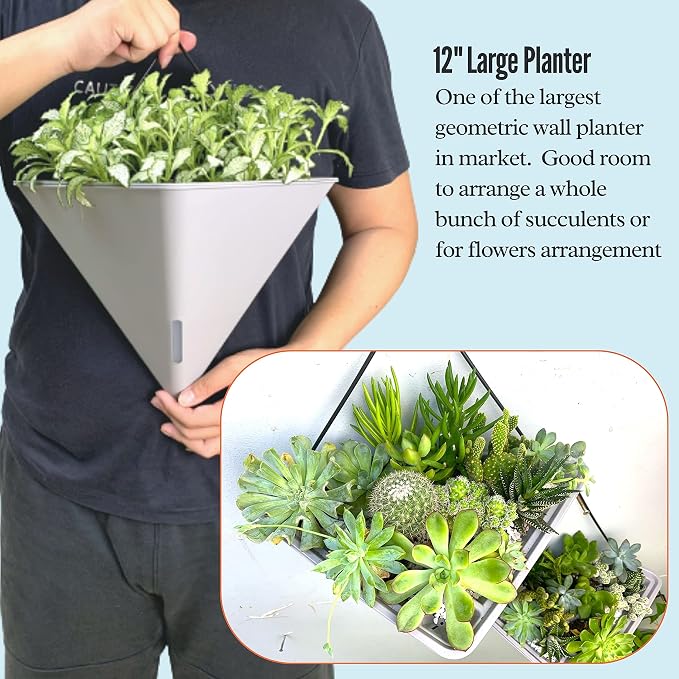 LaLaGreen Wall Planter (12in, 4 Pack) Large Indoor Self Watering Flower Pot | White and Gray Mixed Color Geometric Vertical Garden Plant Wall Hanging Vase Vessel with Black Metal Hanger Modern Stylish