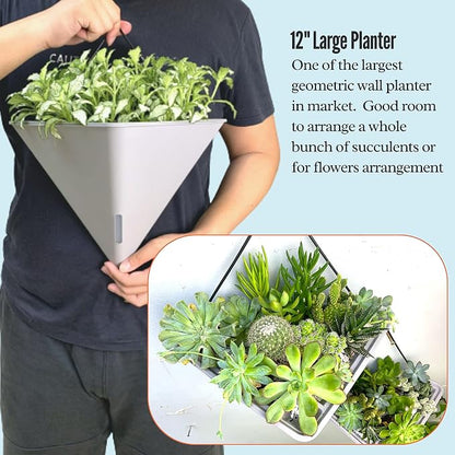 LaLaGreen Wall Planter (12in, 4 Pack) Large Indoor Self Watering Flower Pot | White and Gray Mixed Color Geometric Vertical Garden Plant Wall Hanging Vase Vessel with Black Metal Hanger Modern Stylish