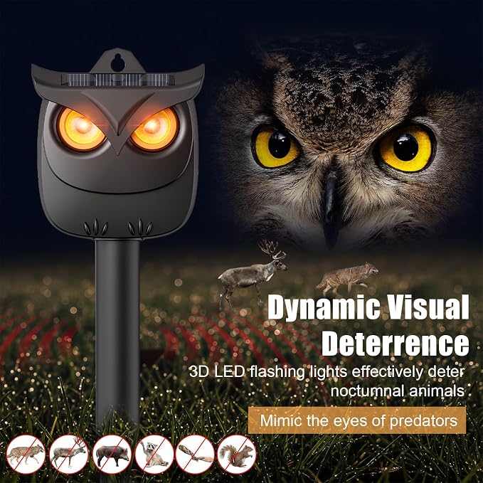 4 Pack Solar Owl Animal Repeller Outdoor for Raccoon, Deer & Squirrel Cat, Night-Only Breathing Mode Light Deterrent, Mini Hanging Predator Scare Device, Waterproof for Garden Yard Tree Shed