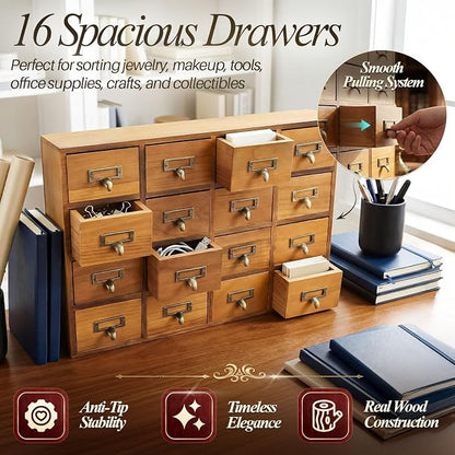 Flexzion Apothecary Cabinet with Drawers - 16 Vintage Drawers, Card Catalog Cabinet, Brown Wooden Tabletop Desktop Organizer for Home Office, Jewelry, Makeup, Tools & Small Item Storage