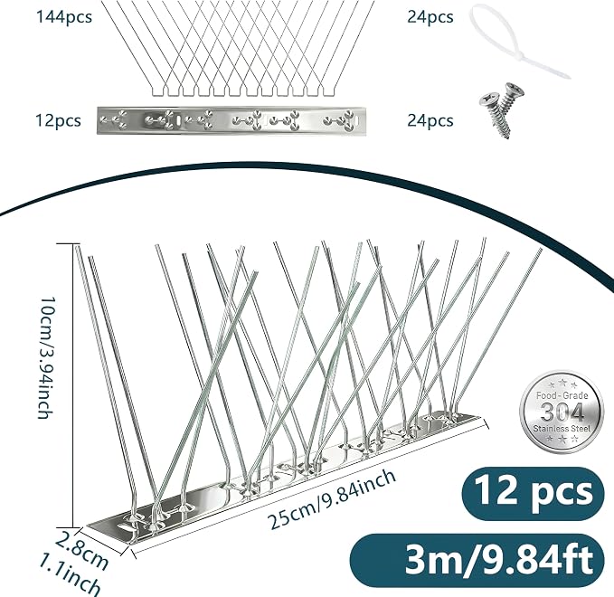 Stainless Steel Bird Spikes for Outside,Anti Bird Deterrent Spikes for Woodpeckers, Squirrels, Raccoons，Weatherproof Fence Spikes for Roof, Railing,Patio, 9.84 Feet