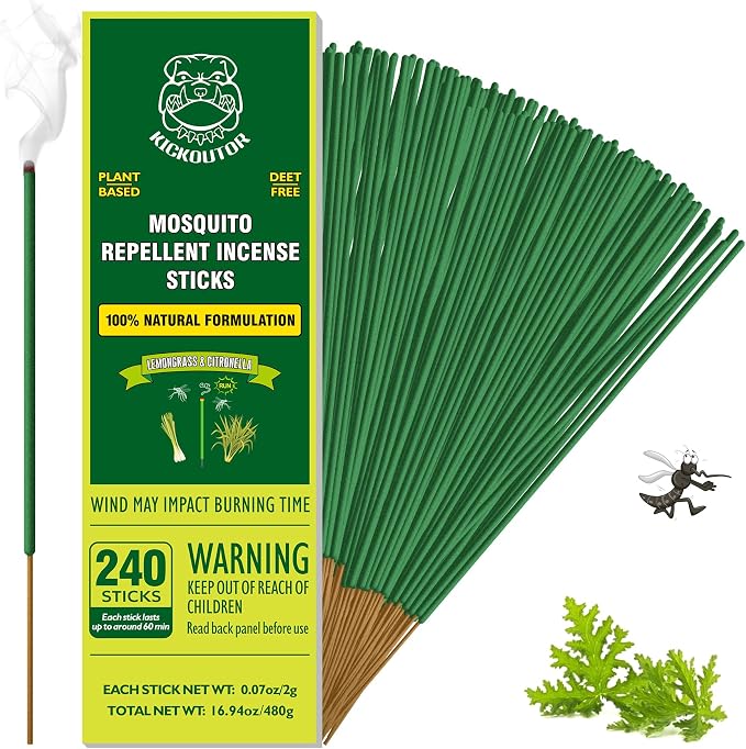 KICKOUTOR Mosquito Repellent Incense Sticks with Natural Citronella Oil, 240 Count DEET-Free Outdoor Protection for Patios, Backyard Gatherings & Camping, Up to 1 Hour Against Gnats & No-See-Ums