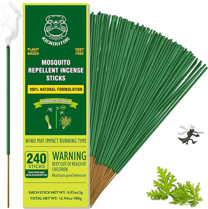 KICKOUTOR Mosquito Repellent Incense Sticks with Natural Citronella Oil, 240 Count DEET-Free Outdoor Protection for Patios, Backyard Gatherings & Camping, Up to 1 Hour Against Gnats & No-See-Ums