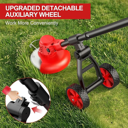 Electric Weed Wacker, 650W Cordless Weed Trimmer with Wheels, 2x2.0Ah 21V Battery Powered Weed Eater, String Trimmer Brush Cutter, Lawn Mower Edger Lawn Tool for Garden Yard