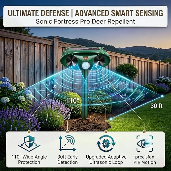Ultrasonic Deer Repellent Device for Plants Garden Solar Animal Repellent Outdoor with Motion Activated for Rabbit Cat Deterrent Raccoon Squirrel Fortress Pro Keep Pest Out of Yard,2 Pack