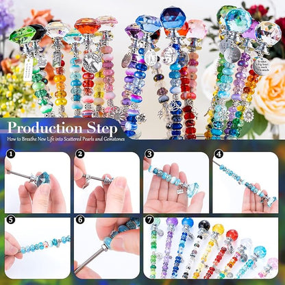 513Pcs DIY Beaded Garden Stakes, Fairy Wand Kit Garden Stakes Decorative with 18 Threaded Rod, Crystal Top, Large Holes Bead for Christmas Plants Garden Outdoor&Indoor Decorative（12IN）