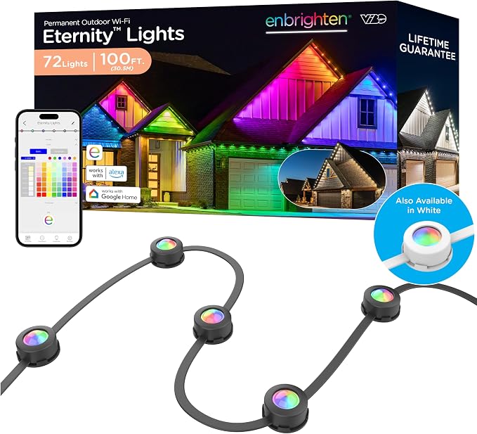Enbrighten Eternity Permanent Outdoor Lights, 100ft with 72 RGBWIC LED Lights, App‑Controlled, Cuttable, Christmas, Accent & Year‑Round Eave Lighting, Works with Alexa & Google Home, 82730