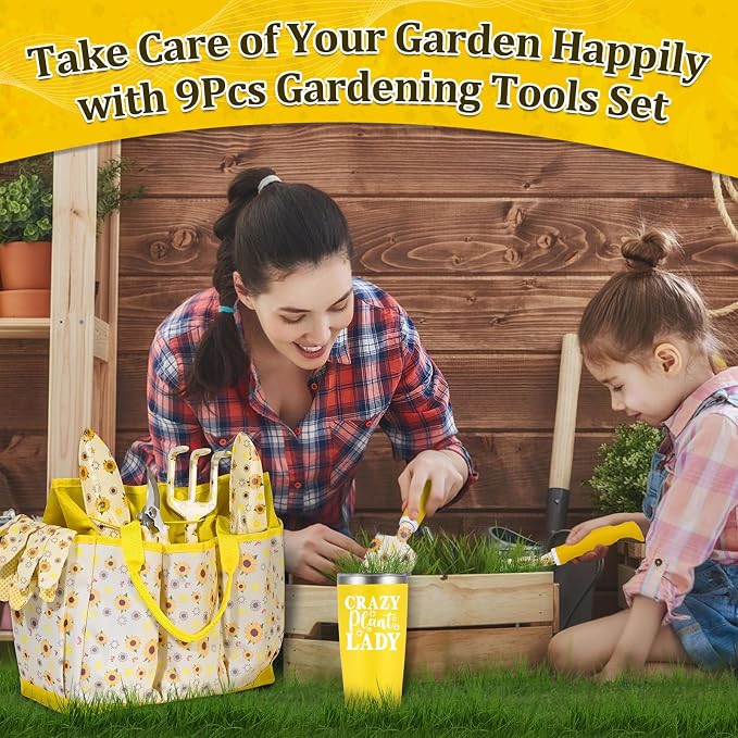 Gardening Gifts for Women, Gardening Tools for Women, 9 PCS Sunflower Garden Tools Set Kit with Garden Tool Bag, Mother's Day Birthday for Gardener Mom Grandma Aunt, Yellow