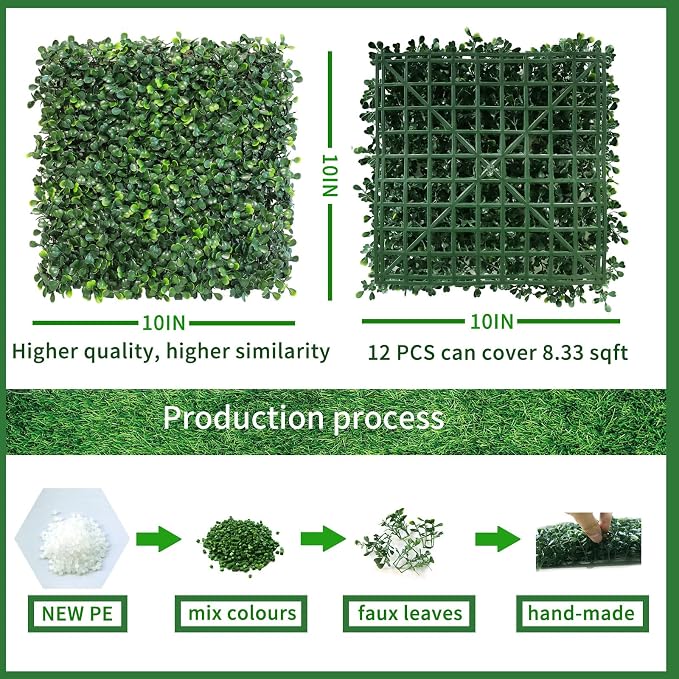 NETAP Artificial Grass Wall Panels Backdrop,10"x 10"(12Pcs) Faux Boxwood Panels for Outdoor Indoor Green Wall Decor,Party Wedding Garden Fence Decorations