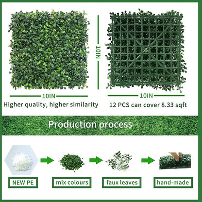 NETAP Artificial Grass Wall Panels Backdrop,10"x 10"(12Pcs) Faux Boxwood Panels for Outdoor Indoor Green Wall Decor,Party Wedding Garden Fence Decorations