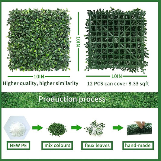 NETAP Artificial Grass Wall Panels Backdrop,10"x 10"(12Pcs) Faux Boxwood Panels for Outdoor Indoor Green Wall Decor,Party Wedding Garden Fence Decorations