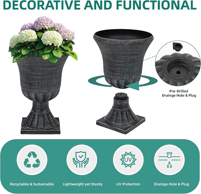 Autodaya 22" Tall Urn Planters for Outdoor Plants Set of 2 Large Flower Pot | 3D Textured Washed Black Pedestal Outdoor Planters, Weather-Resistant Plastic Plant Pot for Porch, Patio, Garden & Indoor Use