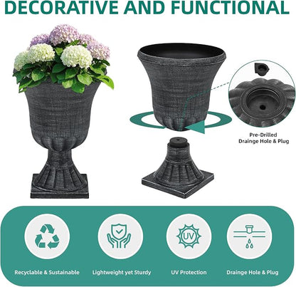 2-Pack 22" Washed Black Plastic Urn Planters with Drainage Holes | Set of 2 PP urn planters with antique washed finish, 3D texture, drainage plugs, and UV-treated surface for porch or patio