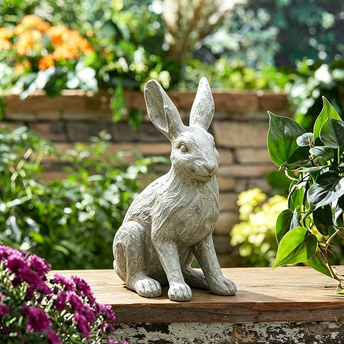 DiliComing Grey Resin Rabbit Garden Statue - 12 Inch Large Garden Statues for Home Yard Decor Garden Statues for Outside Balcony Bunny Decor for Garden Gifts