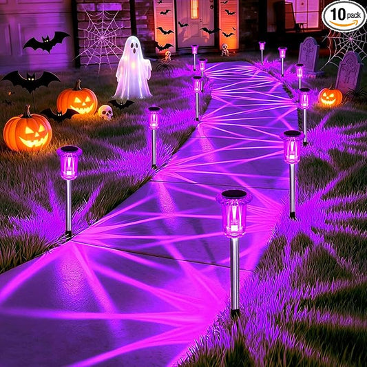 Halloween Solar Lights Outdoor 10 Pack Purple Solar Pathway Lights Outdoor Halloween Decorations Waterproof Yard Lighting for Driveway Garden Walkway Path Landscape Lawn