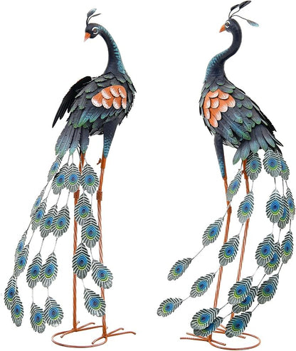 36" Oversized Peacock Decor Set of 2, Hand-Painted Metal Yard Art, Weatherproof Outdoor Garden Statues & Sculptures for Lawn, Flower Beds, Patio, Backyard or Indoor Kitchen & Home Decor