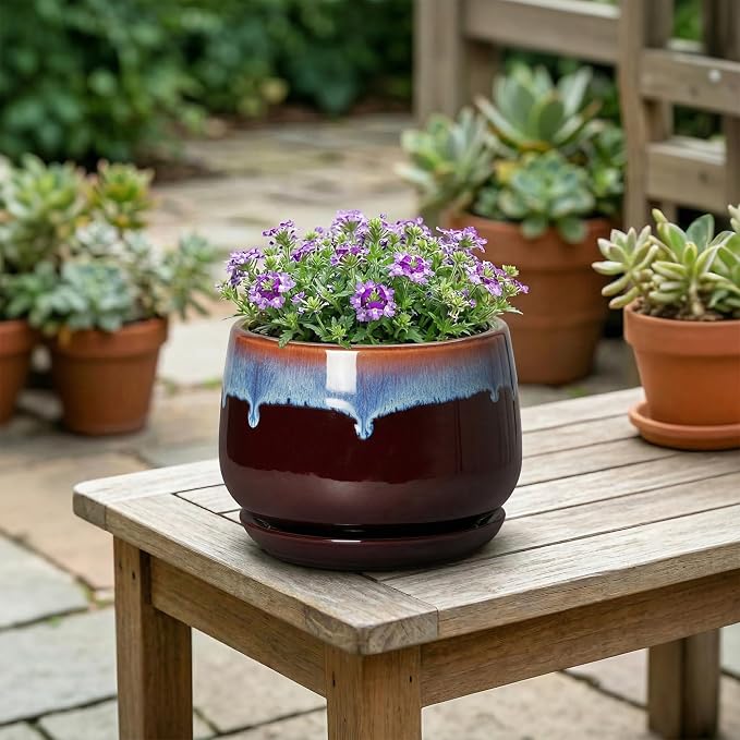 Ceramic Plant Pots - 6 Inch Planter with Drainage Hole and Saucer, Small Succulent Pot for Indoor Plants, Round Decorative Flower Pots, Garden Shelf Decor, Plant Gifts for Women, Brown-Blue