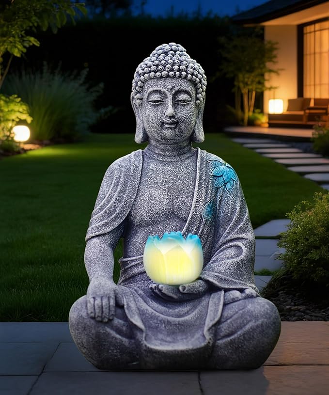 Nacome Solar Buddha Garden Statue Decor: Sitting Resin Figurine with Lotus Flower Light Zen Sculpture for Patio Lawn Yard Porch Balcony Meditation Space - 8.3 inches(Grey)