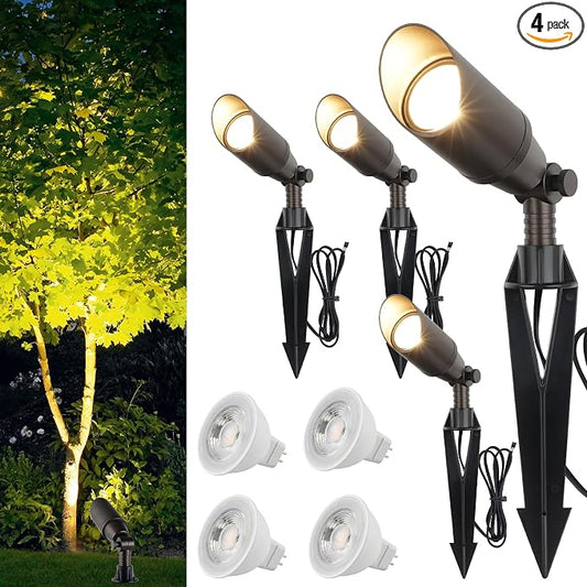 Outdoor Spot Lights for Yard 12V Wired Low Voltage Landscape Spotlights Aluminum Spot Lights with 4W MR16 LED Bulb Warm White, Waterproof Ip65 Spotlight Outdoor for Garden and Yard 4-Pack