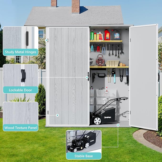 Greesum 5X3FT Plastic Storage Shed with Floor, Resin Outdoor Storaged Shed with Lockable Door, Easy Assembly All-Weather Tool Sheds for Yard, Patio, Garden, Light Gray (4.7×2.5FT)