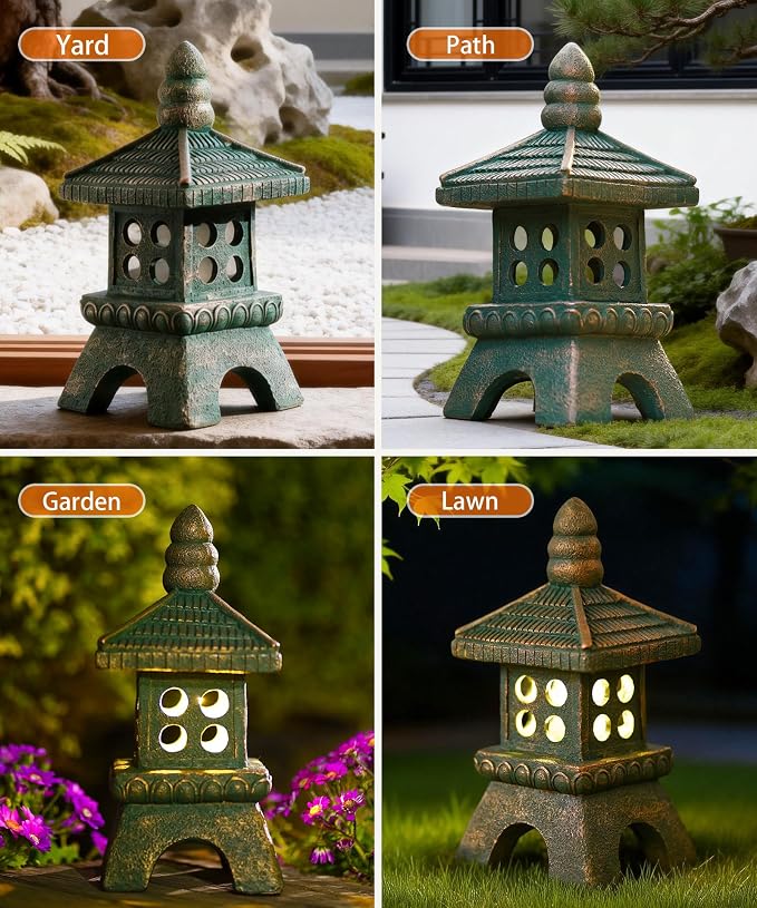 Nacome Solar Pagoda Garden Statues: 11.5 inches Outdoor Weatherproof Resin Zen Decor for Landscape Balcony Patio Porch Yard Ornament(Bronze)