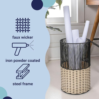 happimess HPM1101D Harper Modern 4.13-Gallon 2-Tone Faux Wicker Cylinder Waste Basket, Black/Cream for Home, Bathroom, Living Room, Office, Bedroom, Kitchen
