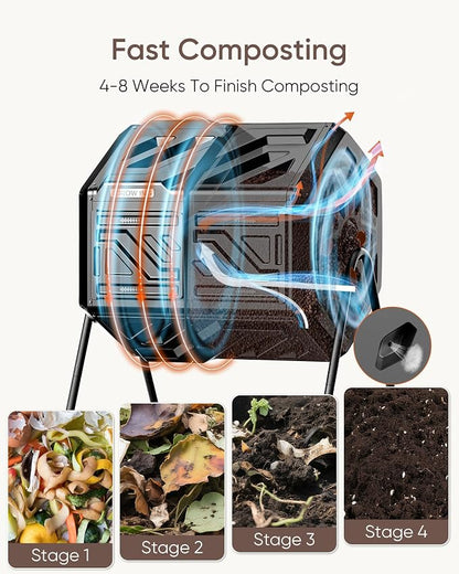 THE Growing 43 Gal Outdoor Compost Bin Tumbler for Backyard Garden, Black | Twin 21.5gal heat-absorbing chambers. Pre-embedded nuts for fast outdoor setup. Durable resin deters pests and bad odors.