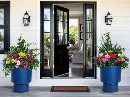 2-Pack 16.8" Brushed Blue Plastic Urn Planters with Detachable Bases | Set of 2 PP urn planters with brushed blue finish, detachable bases, drainage plugs, and UV-treated finish for porch