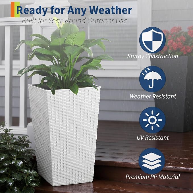 Garvee 16 Inch Outdoor Planters, Set of 2 Tall Planters, White Large Planters for Indoor Outdoor Plants, Flower Pots with Drainage & Water Level Window for Porch, Patio & Balcony