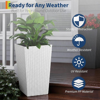 Garvee 16 Inch Outdoor Planters, Set of 2 Tall Planters, White Large Planters for Indoor Outdoor Plants, Flower Pots with Drainage & Water Level Window for Porch, Patio & Balcony